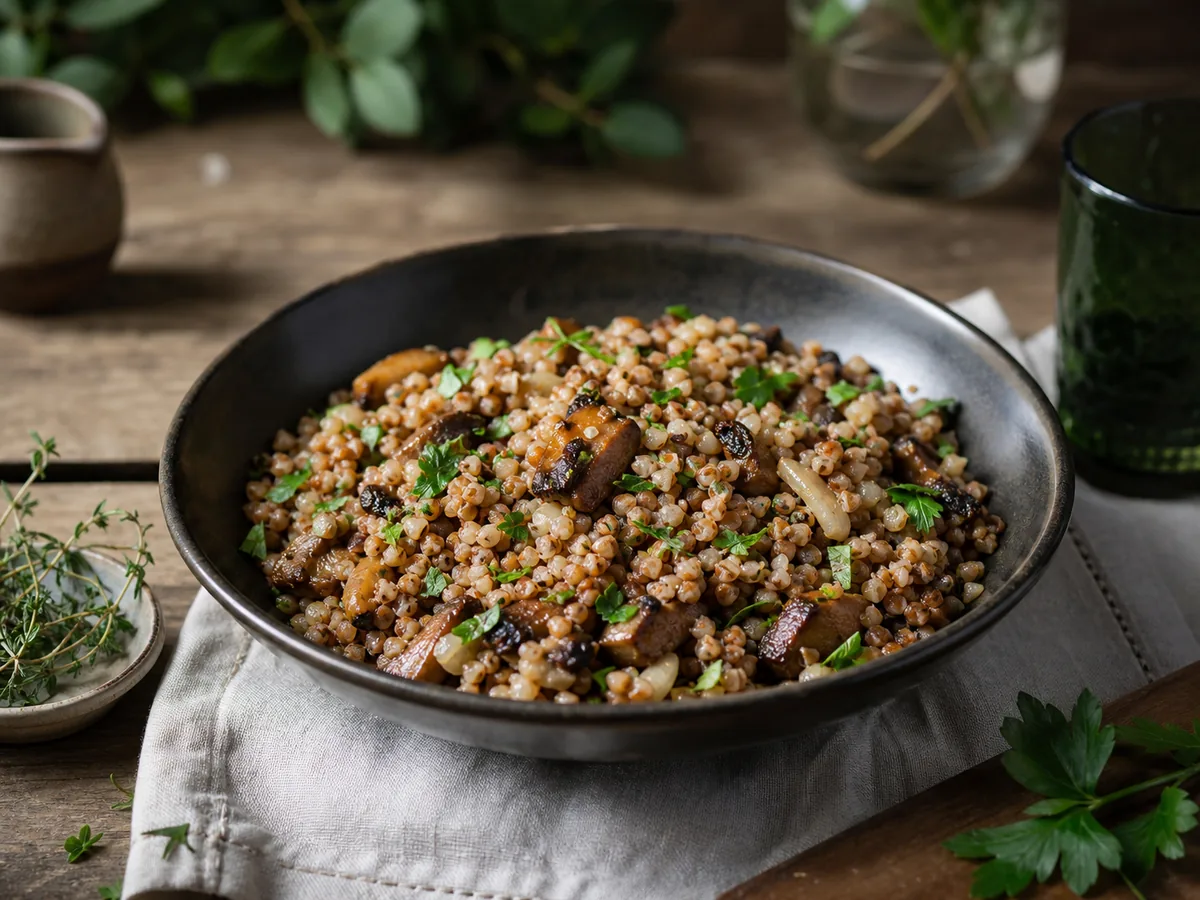 Kasza gryczana gotowana jak risotto z podsmażonymi podgrzybkami