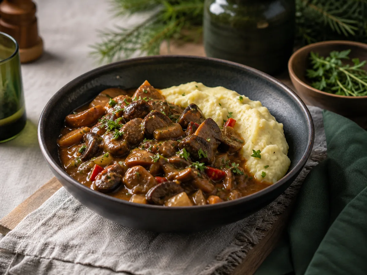 Gęsty gulasz z ugotowanych grzybów leśnych i warzyw podany z purée