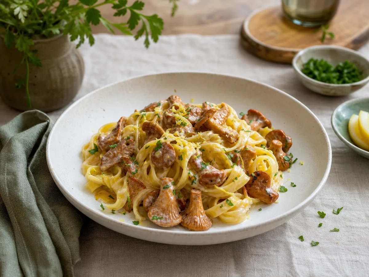 Tagliatelle z ugotowanymi kurkami w lekkim sosie śmietanowo-cytrynowym
