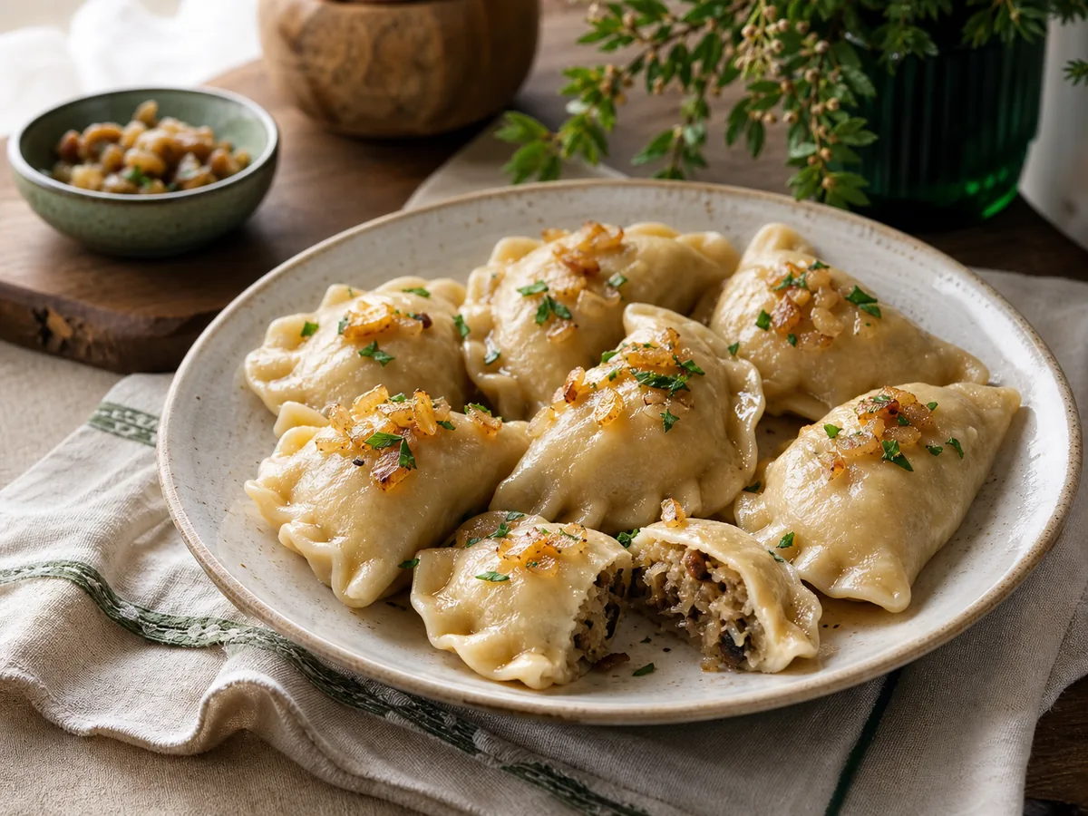 Domowe pierogi z kapustą i grzybami podane ze smażoną cebulą