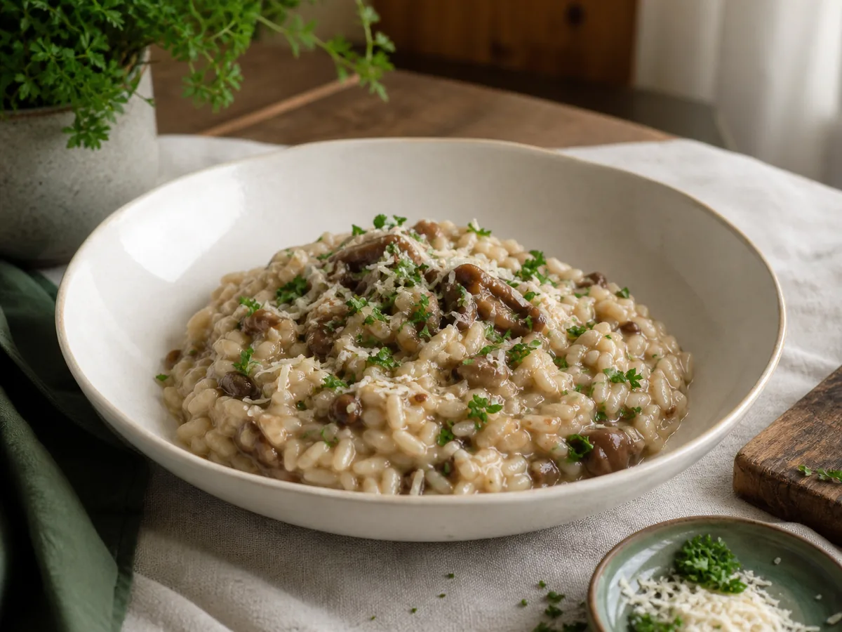 Kremowe risotto z ugotowanymi borowikami, natką i twardym serem