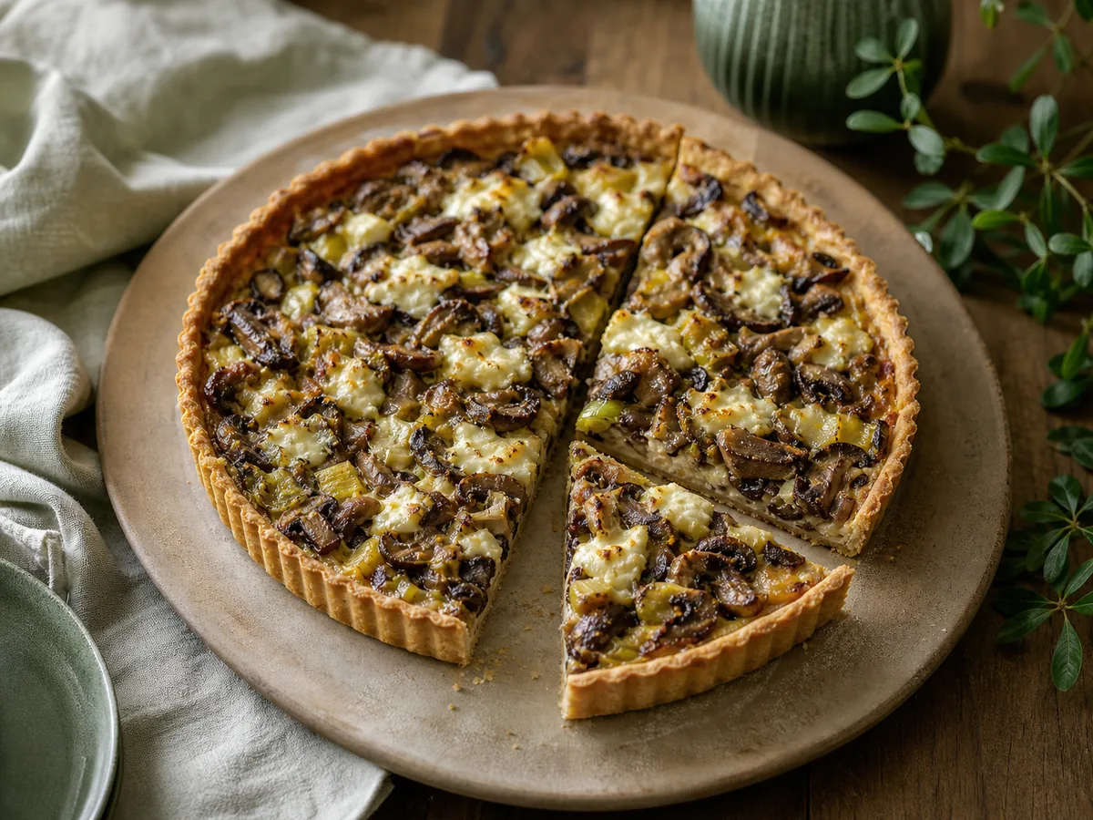 Krucha tarta z ugotowanymi grzybami, porem i kozim serem