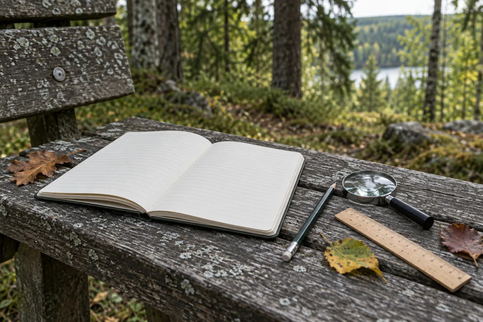 Otwarty notes, ołówek, podziałka i lupa na leśnej ławce