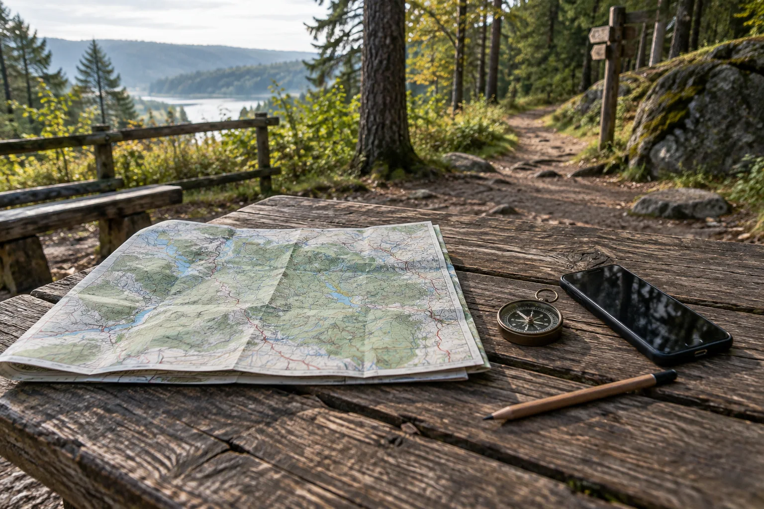 Papierowa mapa, kompas i telefon na drewnianym stole przy leśnej ścieżce